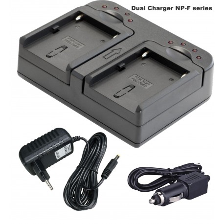 BATK2F960 - 2x NP-F960 Li-ion batterijen 7200mAh + Dubbele batterijlader met auto adapter 12V en voedingsadapter 220V