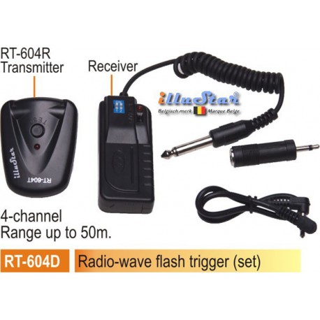 RT-604D - Radio wave flitsontspanner kit - 4-kanaals zender + ontvanger (2xAAA 1.5V batterijen niet inbegrepen) RT-604D - Radio wave flitsontspanner kit - 4-kanaals zender + ontvanger (2xAAA 1.5V batterijen niet inbegrepen)